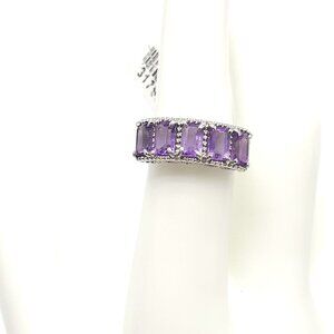 Purple Amethyst Filigree Panel Ring Silver Plated Size 6 Signed SB